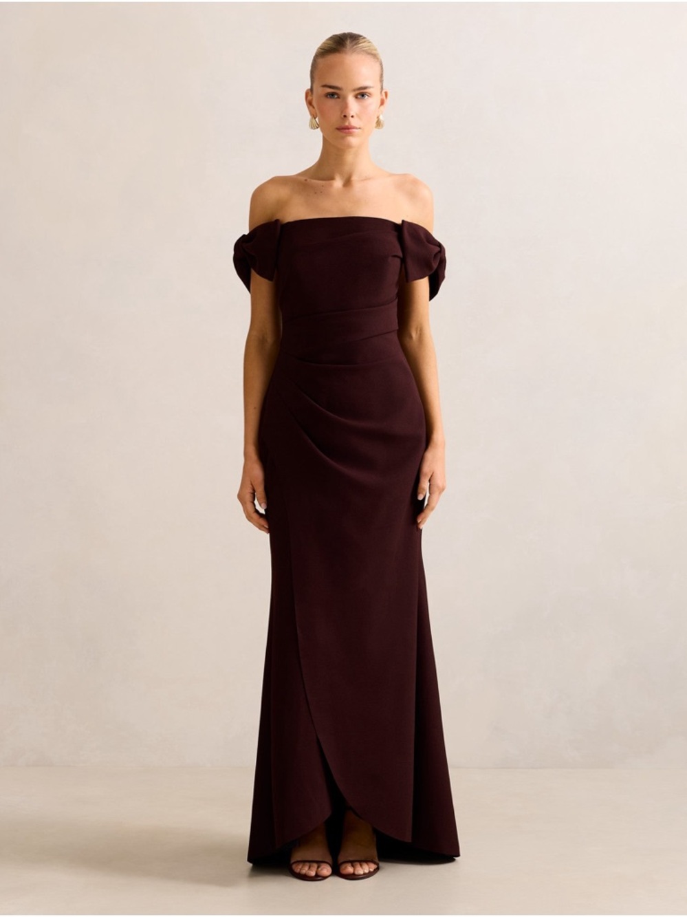Ever New Strapless Off-Shoulder Gown in Deep Burgundy/Plum
